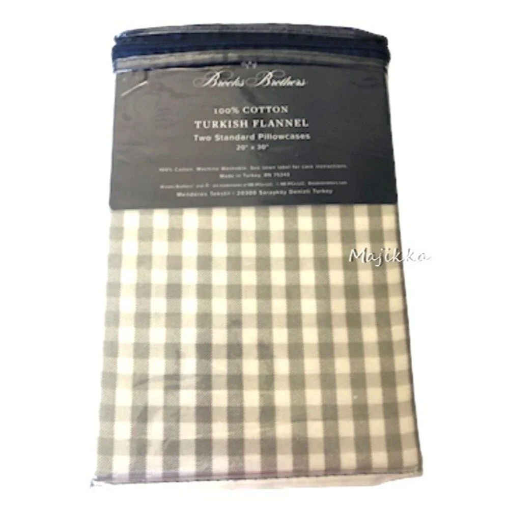 Brooks Brothers Turkish Flannel Standard Pillowcases Gray Check Plaid Set of 2